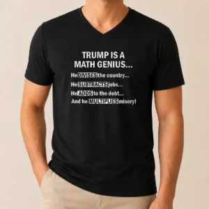 Top Trump Is A Math Genius Divides Subtracts Adds And Multiplies Political Satire V Neck Shirt on a black v neck garment
