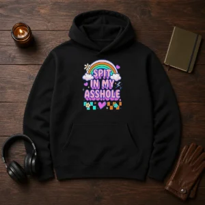 Nice Spit In My Asshole Hoodie displayed on a black pullover with front pocket and drawstrings