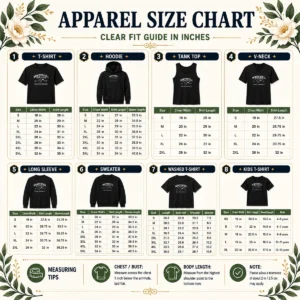 Size chart for Premium Winterfell High School Geek showing measurements in inches and centimeters
