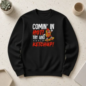 Original Comin' In Hot! Try And Ketchup Funny Hot Dog Sweater