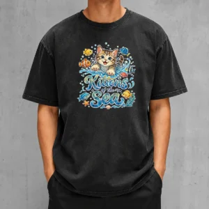 Premium Cute Kittens Of The Sea Watercolor Line Art Washed T-Shirt