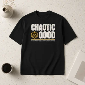Nice Awesome Chaotic Good Good Intentions Questionable Methods t shirt in black, front view with bold white text design