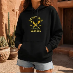 Pretty Vampire Slayers Hoodie in black with a bold graphic on the front, featuring a cozy drawstring hood and front pocket
