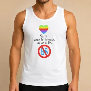 Nice Saint Don't Let Friends Say Yes To BS Rainbow Heart Logo Shirt - Image 3