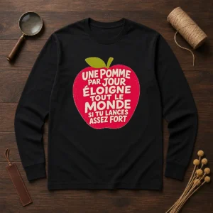 Official Une Pomme Par Jour Eloigne Tout Le Monde Si Tu Lances Assez Fort Humor Long Sleeve Shirt