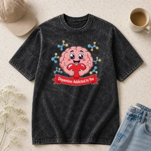 Nice Dopamine Addicted To You Cute Brain Vector printed on a soft washed t shirt in light gray
