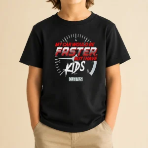 Top My Car Would Be Faster But I Have Kids Cleetus Kids T Shirt in blue on a child-sized garment