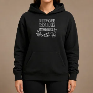 Hot Keep One Rolled Stoners Hoodie in black with front pocket and drawstring hood