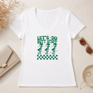 Hot Funny Aliens Let'S Do Butt Stuff Checkerboard Novelty Meme V-Neck Shirt