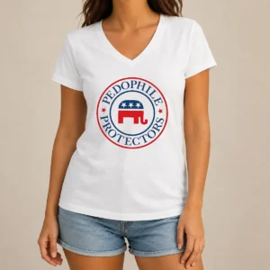 Good Republican Pedophile Protectors Party V Neck Shirt in dark color showing front design and short sleeves