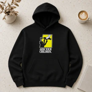 Awesome Pretty Black Cat With Gun Satire Arm Your Children black hoodie front view with graphic print
