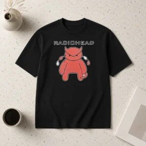 Funny Radiohead Distressed Crying Devil Character t shirt in classic black with detailed distressed graphic
