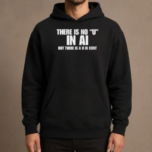 Pretty There Is No U In AI But There Is A U In Cunt Hoodie in black with bold white text on front