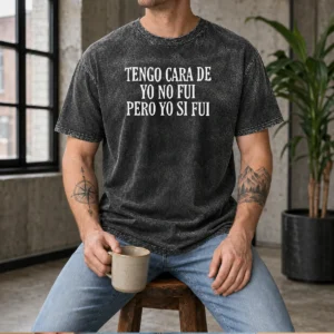 Official Tengo Cara De Yo No Fui Pero Yo Si Fui washed t shirt in light faded color with bold text print