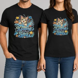 Premium Cute Kittens Of The Sea Watercolor Line Art t shirt featuring a watercolor kitten design on a soft cotton tee