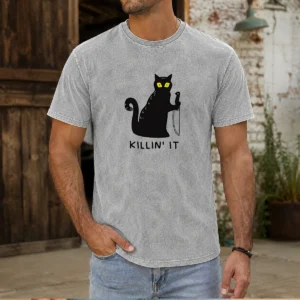 Pretty Black Cat Holding Knife Killin' It Washed T-Shirt