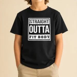 Hot Premium Straight Outta Fit Body Parody Pop Quote Kids T Shirt in vibrant print on a comfortable cotton garment