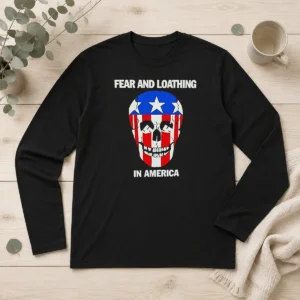 Nice Top Fear And Loathing In America Skull Swastika Eyes long sleeve shirt front view with bold graphic design