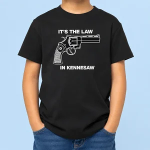 Nice Original It'S The Law In Kennesaw Gun Revolver Kids T Shirt showing front print on a short sleeve cotton tee