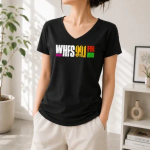 Funny Awesome WHFS 99.1 FM V Neck Shirt in charcoal gray, showing front print and short sleeves