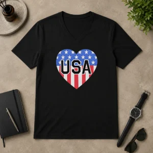 Funny USA Heart Flag Emblem Patriotic V-Neck Shirt