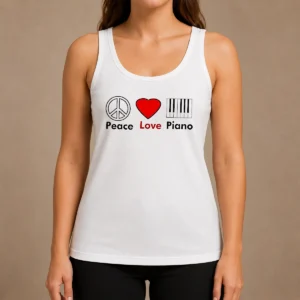 Nice Hot Peace Love Piano Tank Top in black, sleeveless casual wear with bold graphic print