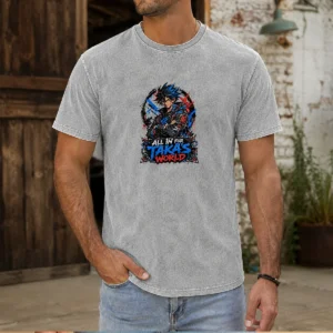Premium Takas World Anime Characters Streetwear Washed T Shirt featuring vibrant anime graphics on a soft, vintage-style washed fabric