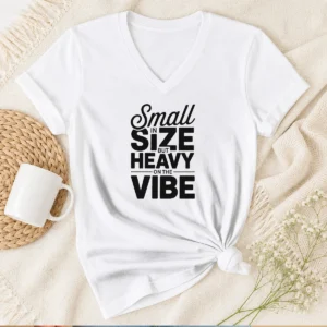 Hot Pretty Small In Size But Heavy On The Vibe Funny Quote V Neck Shirt in soft fabric with short sleeves