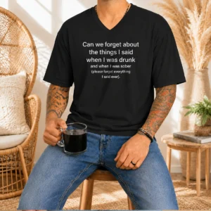 Nice Can We Forget The Things I Said When I Was Drunk V Neck Shirt in dark color with text print on front