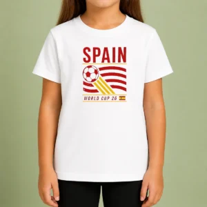 Premium Good Spain National Football Team World Cup 26 Soccer Team Kids T Shirt in red, front view