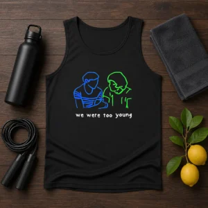 Premium We Were Too Young Line Art Couple Tank Top in white, featuring minimalist line art design on a sleeveless garment