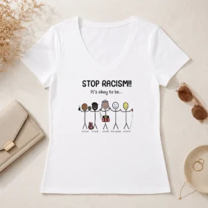 Top Stop Racism It'S Okay To Be Indian Black Arab Everyone Asian V Neck Shirt in black, short sleeve, comfortable fit