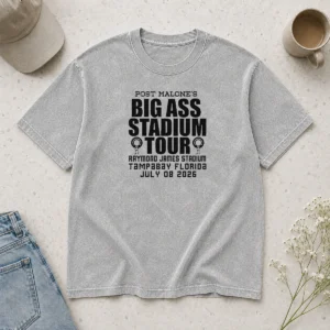 Official Post Malone Big Ass Stadium Tour Raymond James Stadium Tampa Bay 2026 washed t shirt front view in vintage style