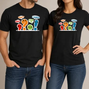 Nice Pretty Punctuation Squad t shirt in white, featuring bold punctuation graphics on the front
