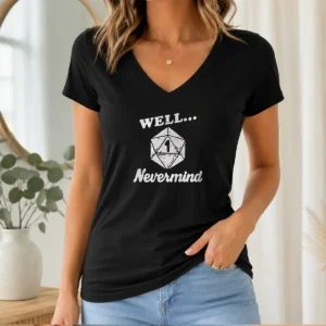 Good Well Nevermind D20 Dice Roll One V Neck Shirt featuring a soft fabric and comfortable fit