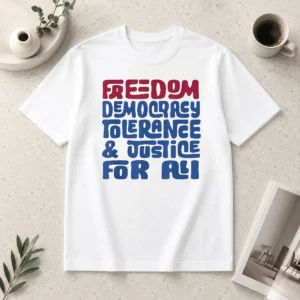 Happy Freedom Democracy Tolerance Justice For All t shirt featuring bold text on a comfortable crew neck cotton fabric