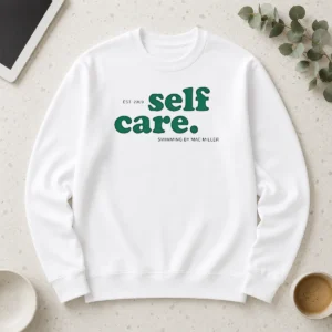 Original Self Care Est 2009 Swimming By Mac Miller long sleeve shirt in white, featuring bold graphic print on front