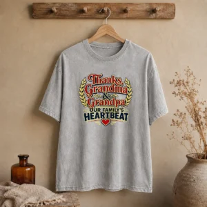 Funny Grandparents Day Typography Thanks For Family Gratitud printed on a soft washed t shirt in light gray