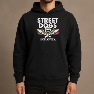 Awesome Street Dogs Forever Skull And Crossbones Hoodie shown in black with front pocket and hood