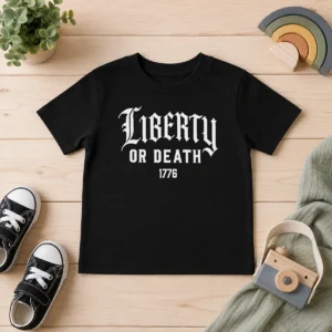 Premium Liberty Or Death 1776 Patriotic Quote Kids T Shirt featuring bold red, white, and blue design on a comfortable cotton fabric