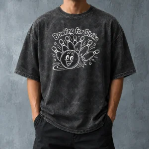 Hot Bowling For Strike Line Art Washed T Shirt displayed on a soft washed cotton tee in light grey