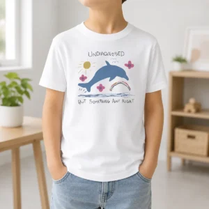 Happy Funny Dolphin Jumping Undiagnosed But Something Ain't Right Kids T Shirt in bright blue, short-sleeve cotton tee for children