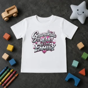 Pretty Grandkids The Heart Of Our Family Y2K Kids T Shirt featuring colorful Y2K style text on a comfortable children's tee