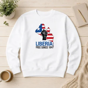 Happy Nice Liberia Free Since 1847 Sweater in cozy knit fabric with bold white text on black background