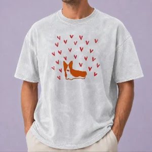 Premium Cute Corgi Dog Valentines Day washed t shirt showing front design on soft fabric