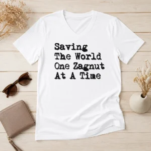 Premium Saving The World One Zagnut At A Time V Neck Shirt in charcoal gray with bold white text