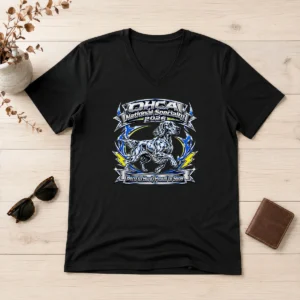 Premium OHCA National Specialty 2026 Hunting Dog Pride Retro V Neck Shirt in charcoal gray with vintage hunting dog graphic
