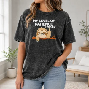 Funny Nice Sloth Middle Finger My Level Of Patience Today Cartoon Washed T Shirt in soft, vintage-style fabric