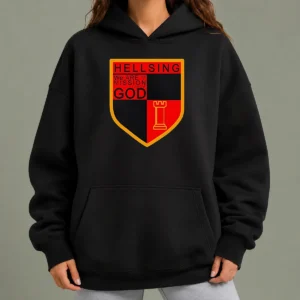 Premium Hellsing We Are On A Mission From God Shield Emblem Hoodie in black with front emblem print