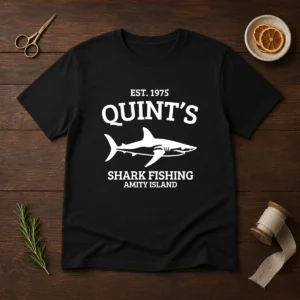 Good Quint'S Est 1975 Shark Fishing Amity Island Silhouette t shirt featuring a shark silhouette graphic on a classic crew neck tee